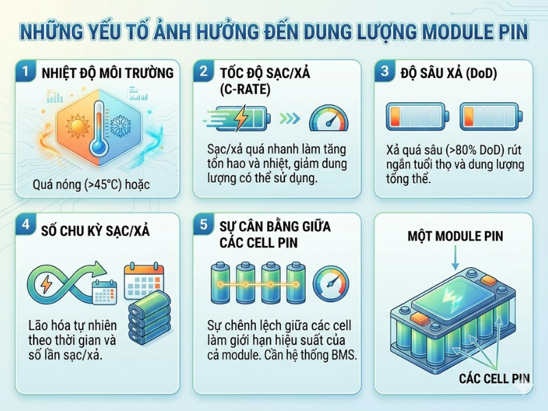 Dung lượng module pin ảnh hưởng bởi nhiều yếu tố