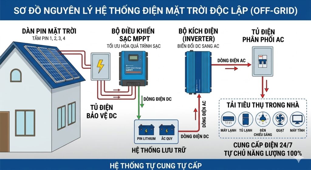Sơ đồ hệ thống điện mặt trời Hybrid