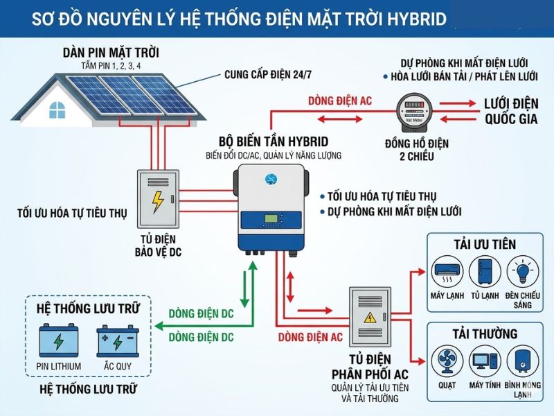 Sơ đồ hệ thống điện mặt trời Hybrid