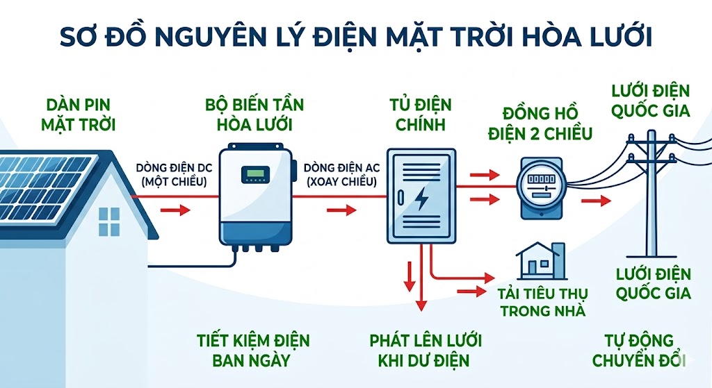 Sơ đồ điện mặt trời hòa lưới (On-grid)