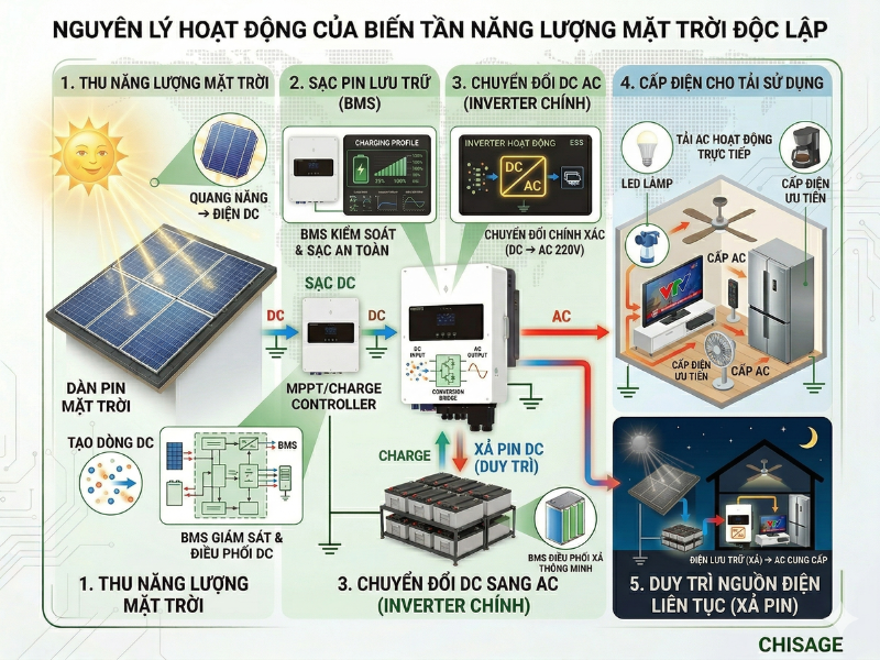 Biến tần độc lập hoạt động theo cơ chế chuyển đổi và lưu trữ điện để cung cấp năng lượng liên tục mà không cần điện lưới