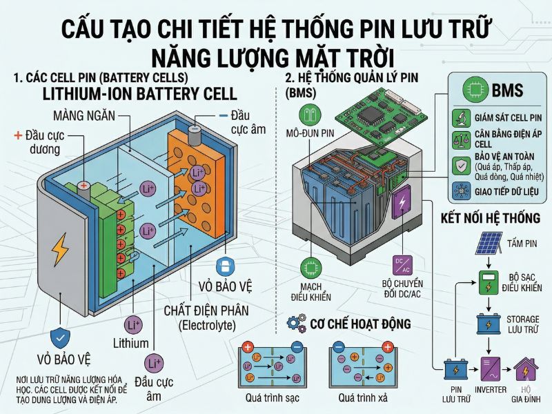 Hình ảnh sơ đồ cấu tạo chi tiết hệ thống pin lưu trữ năng lượng mặt trời