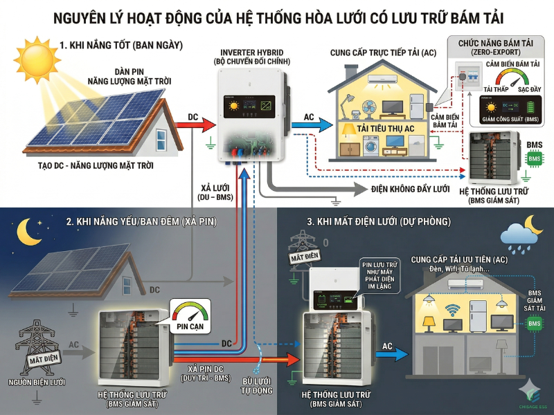Nguyên lý vận hành của hệ thống điện mặt trời hòa lưới có lưu trữ