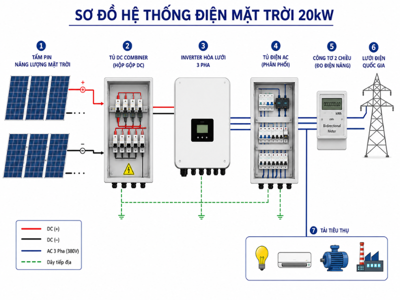 Sơ đồ hệ thống điện mặt trời 20kW